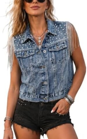 Chaleco de mujer con cuentas de perlas, bordado de denim, sin mangas, con lentejuelas y flecos,
